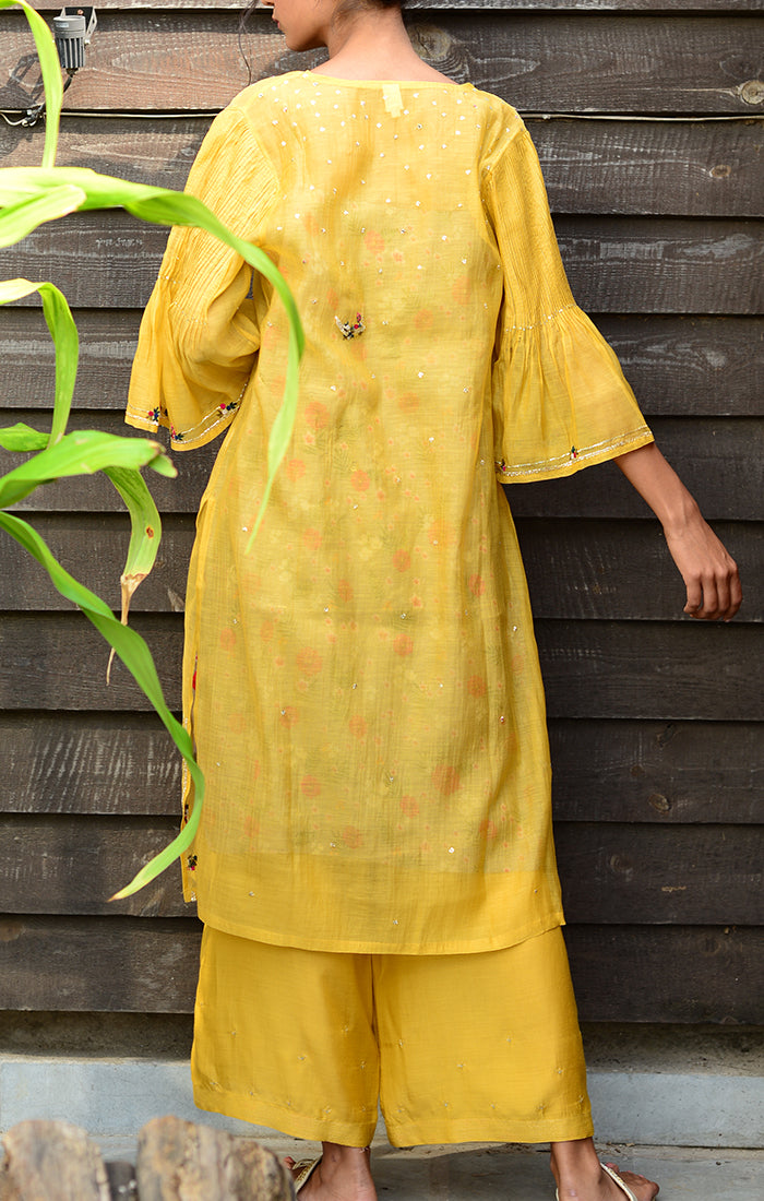 Pale Mustard Kurta with Pants and Printed Slip Dress