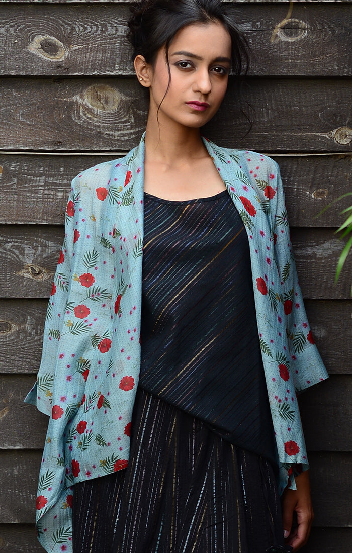 Blue Chanderi Overlay with floral prints