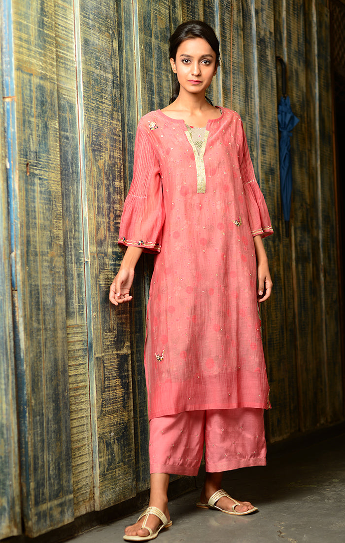 Pale Red Kurta with Pants and Printed Slip Dress