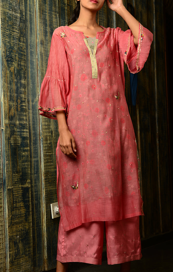 Pale Red Kurta with Pants and Printed Slip Dress