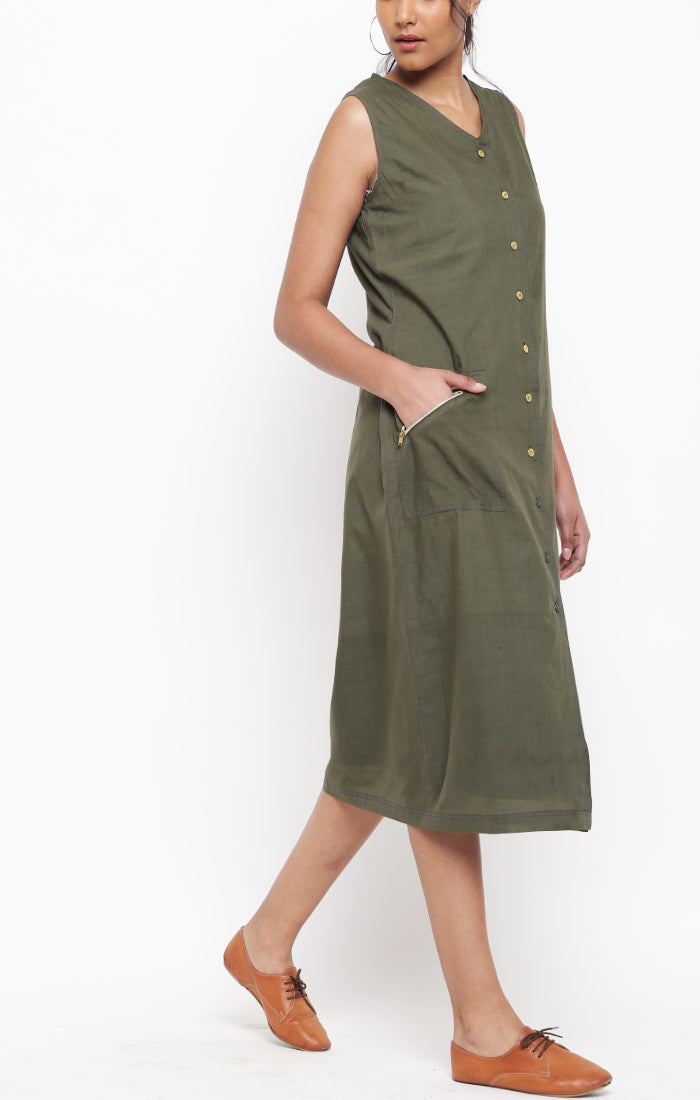 Olive Green Handspun handwoven Muslin Dress