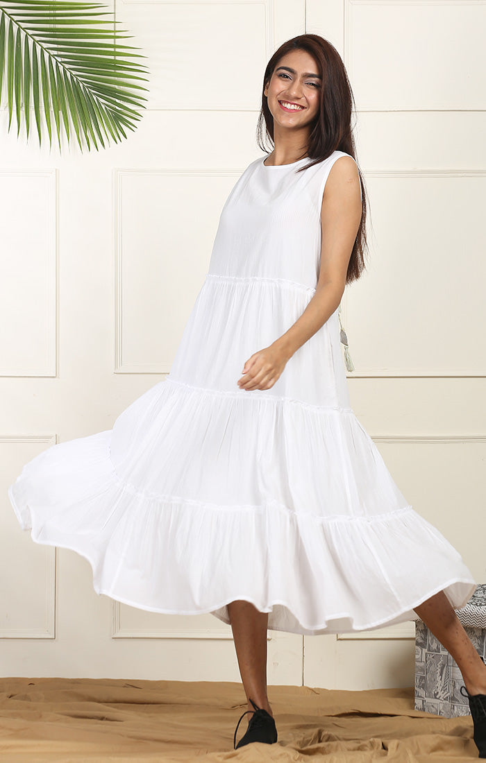White cotton Tiered Dress