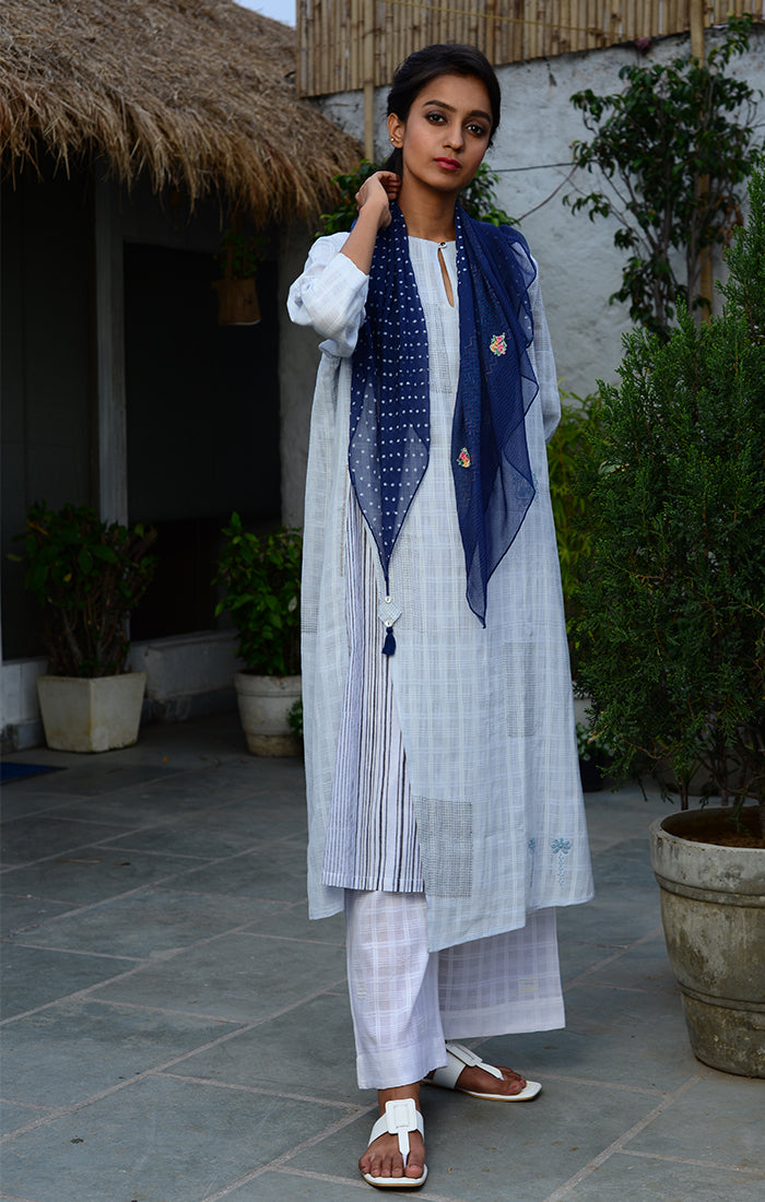Pale Blue Tunic with White Palazzo and Deep Blue Scarf