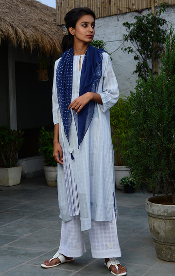 Pale Blue Tunic with White Palazzo and Deep Blue Scarf